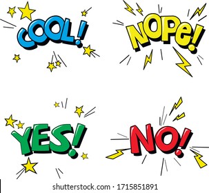 comic style vector illustration stickers yes, no, cool, nope