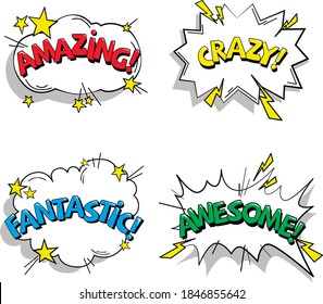 comic style vector illustration stickers amazing, crazy, fantastic, awesome