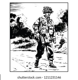 Comic Style Vector Illustration Of A WW2 Paratrooper Carrying An Anti-tank Weapon