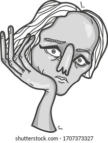 Comic style woman face with grey skin. 
