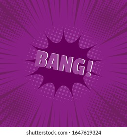 Comic stylish concept with Bang wording speech cloud rays and halftone effects in purple tones. Vector illustration
