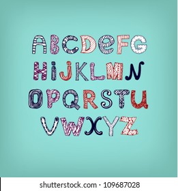 Comic stylized font. Different letters for design, message, card.