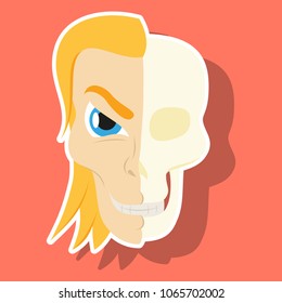 Comic stylized superhero skeleton face. Print sticker illustration