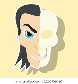 Comic stylized superhero skeleton face. Print sticker illustration