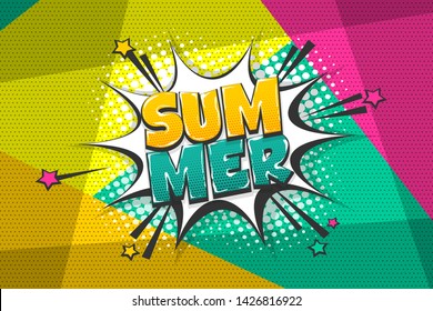 Comic summer text speech bubble pop art style. Cloud talk speech bubble geometric background. Isolated speech bubble talk silhouette with text summer. Text comics design elements web sms message chat.