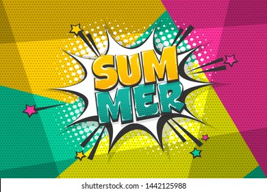 Comic summer text speech bubble pop art style. White cloud talk speech bubble. Isolated white speech bubble talk silhouette with text summer. Text comics design elements for web sms message chat.