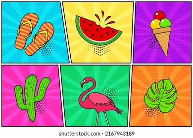 Comic summer vector icon, colorful humor banner in pop art style. Cartoon flip flop, watermelon, ice cream cone, cactus, flamingo, leaf palm. Fun illustration