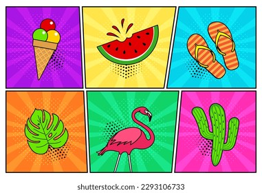 Comic summer vector icon, colorful humor background in pop art style. Cartoon ice cream cone, watermelon, flip flop, leaf palm, flamingo, cactus. Funny illustration