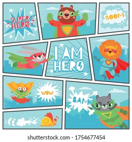 Comic super animals. Flying superheroes animal kids in book page with speech bubbles, cute and fun vintage cartoon vector characters wearing costumes set. Cartoon strip with bear, rabbit and lion.