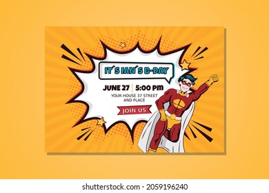 COMIC SUPER HERO  BIRTHDAY CARD DESIGN IN YELLOW AND RED COLORS