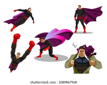 Comic superhero actions in different poses. Hero set. Male super hero vector cartoon characters. Vector illustration. Set or collection of heroic cartoon character.