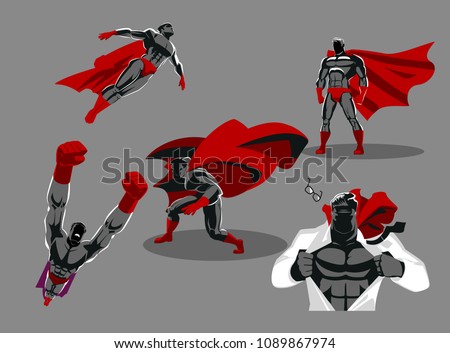 Comic superhero actions in different poses. Hero set. Male super hero vector cartoon characters. Vector illustration. Set or collection of heroic cartoon character.