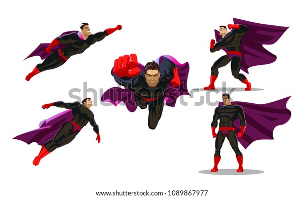 Comic superhero actions in\
different poses. Hero set. Male super hero vector cartoon\
characters. Vector illustration. Set or collection of heroic\
cartoon character.