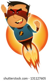 Comic Superhero Blasting Off/ Illustration of a cartoon red and blue masked super hero character blasting off and flying straight forward