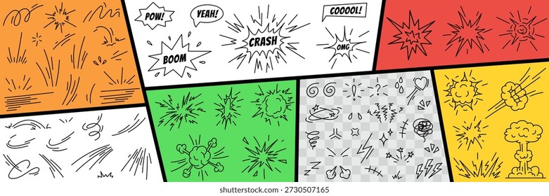 Komische Superhelden-Effekte. Doodles von Geschwindigkeit, Action-Linien, Kampf, Auswirkungen, SFX, emotionale und Explosion Elemente. Handgezeichneter Symbolsatz. Cartoon, Vektorgrafik einzeln auf weißem Hintergrund.