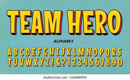 A comic superhero font. Team Hero is a vector alphabet in bright yellow with a red and black 3d drop. It is similar to vintage lettering styles from the classic comic book genre.