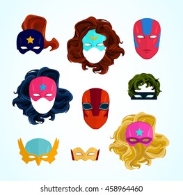 Comic Superhero masks set. Superhero photo props, heroic face characters, woman and man hairs. Hand drawn vector illustration, flat style, isolated on white. 