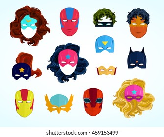 Comic Superhero masks set. Superhero photo props, heroic face characters, woman and man hairs. Hand drawn vector illustration, flat style, isolated on white. 