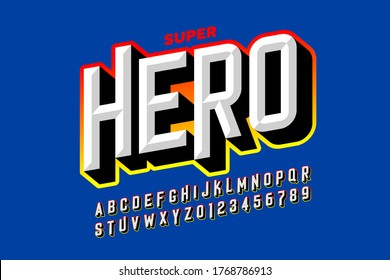 Comic superhero style font, alphabet letters and numbers vector illustration