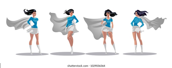 Comic superheroine actions in different poses. Female superhero vector cartoon characters. Vector illustration of super hero woman