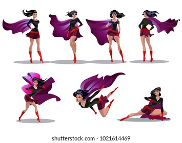 Comic superwoman actions in different poses. Superheroine vector cartoon characters. Illustration of superhero woman cartoon, character female heroic