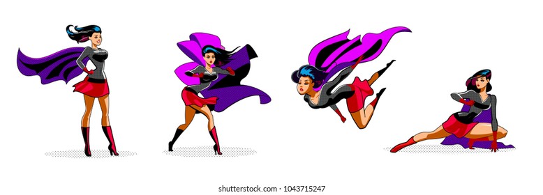 Acciones de supermujer cómica en diferentes poses. Personajes femeninos de dibujos animados vectoriales de superhéroes. Estilo retro de arte pop. Ilustración de caricatura de una superheroína, personaje femenino heroico