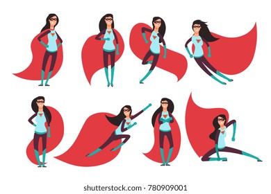 Comic superwoman actions in different poses. Female superhero vector cartoon characters. Illustration of superhero woman cartoon, character female heroic