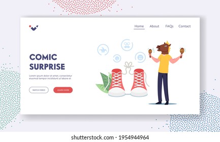 Comic Surprise Landing Page Template. First April Fools Day. Character Doing Prank Tricks. Man Wearing Funny Horse Head Playing Maracas, Tied Shoelaces, Fooling Mischief. Cartoon Vector Illustration