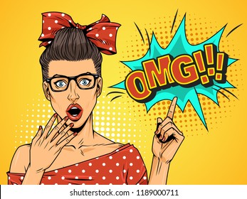 Comic Surprised Attractive Girl With Glasses Purple Lips And Hair On Yellow Radial Background Vector Illustration