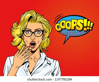 Comic surprised pretty girl concept with hair speech bubble Wow wording on pink halftone background vector illustration