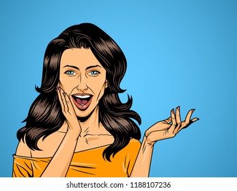 Comic surprised pretty girl in white blouse with blonde hair and open mouth vector illustration