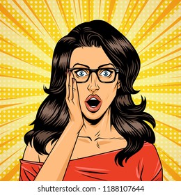 Comic surprised young woman concept with eyeglasses and blonde hair halftone radial rays effects vector illustration