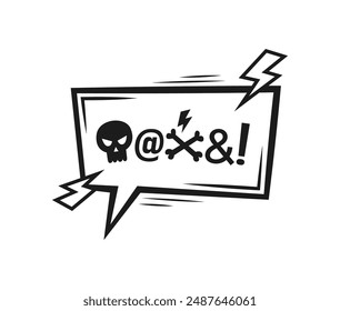 Comic swear speech bubble. Hate angry talk, aggressive expletive curse. Isolated vector intense emotion, frustration, profanity or anger, dialogue cloud with skull and bolts, cuss, rude bully message