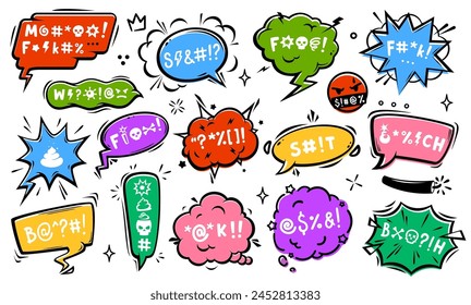 Comic swear speech bubbles, aggressive expletive curse, hate angry talk. Isolated vector set of colorful, dynamic dialogue clouds, conveying raw emotion and intensity, unfiltered vulgar rage outburst