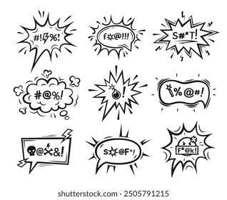 Comic swear speech bubbles. Hate angry talk, aggressive expletive curse. Vector set of clouds with expressive typography symbols. Black dialogue boxes convey intense emotions, aggression and profanity