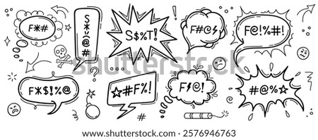 Comic swear speech bubbles and hate talk curse with expletive words, cartoon vector icons. Comic swear speech bubbles or censored message clouds with angry bad words and explicit text symbols of hate