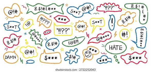 Comic swear speech bubbles illustration collection in doodle style. Set of angry phrases symbols curse words and emotional reactions