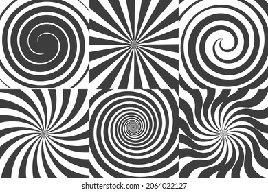 Comic swirl backgrounds. Black hypnosis spiral background set, vertigo swirling patterns, psychedelic vortex swirls backdrops, rotating hypnotic radial spins stripes vector graphic