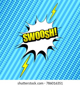 Comic Swoosh wording background with white speech bubble lightnings halftone and slanted lines effects on in pop art style. Vector illustration