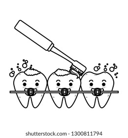 comic teeth with brush and orthodontics characters