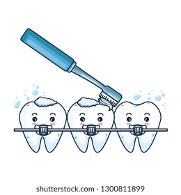 comic teeth with brush and orthodontics characters