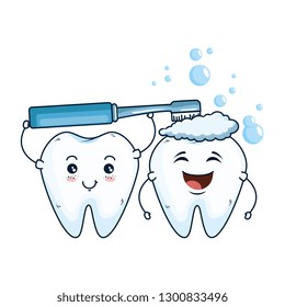 comic teeth couple with toothbrush kawaii
