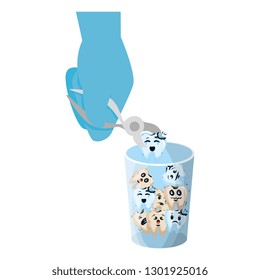 comic teeth in glass with hand using pliers