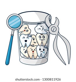 comic teeth in glass with pliers and mirror