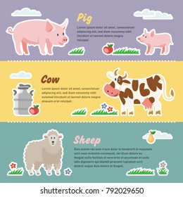 Comic template of cartoon funny farm animals with pig, cow and sheep. Collection of happy farming banners.