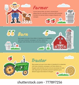 Comic template of cartoon happy farm objects with farmer, dog, barn, milk and tractor. Collection of funny farming banners.