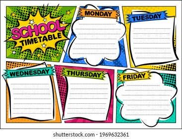 Comic template of a school schedule for 5 days of the week. Cartoon Blank for a list of school subjects. Retro timetable. Vector illustration in popart styles.