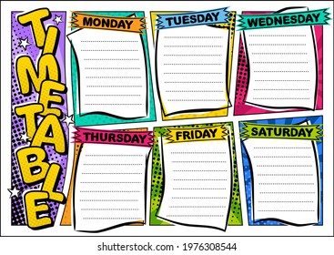 Comic template of a school schedule for 6 days of the week. Cartoon Blank for a list of school subjects. Retro timetable. Vector illustration in popart styles.