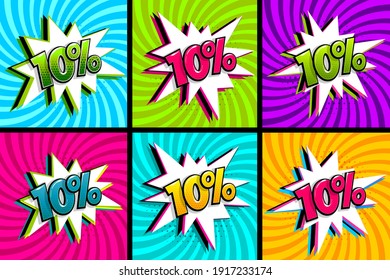 Comic text 10 percent sale set discount. Colored speech bubble on radial background. Comics book explosion wow boom offer collection. Halftone radial vintage backdrop. Promo sale ten percent poster.