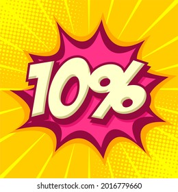 Comic text 10 percent sale discount. Colored speech bubble on burst background.comic book explosion. promo sale ten percent poster